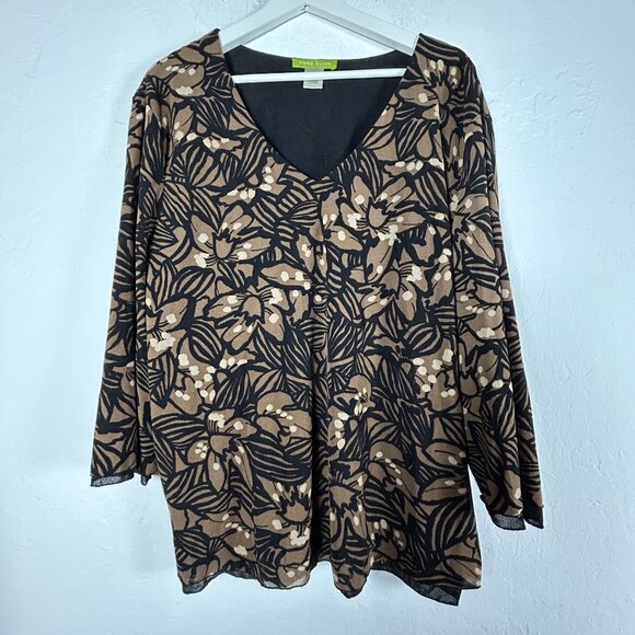 Sigrid Olsen Womens 2X Floral Print 3/4 Sleeve V-Neck Top Black Brown Casual - Picture 1 of 7